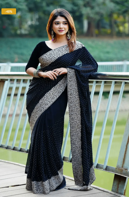 🖤 প্রিমিয়াম এমব্রয়ডারি ও গ্লাস স্টোনের কাজ করা ব্ল্যাক সিল্ক ব্লেন্ড শাড়ি
