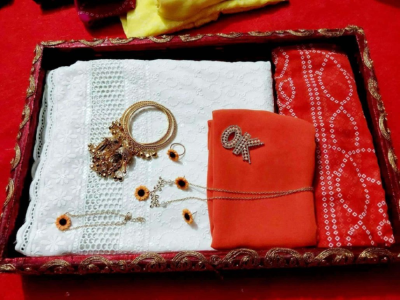 Amader nijesho production e toiri orginal chikenkari dress unstitched  Chundri orna, hijab,necklace  jumko churi,breachlet,ear ring,finger ring,love box,hijab price 1450 same days booking  Amader nijesho catalogue etai amader real pic