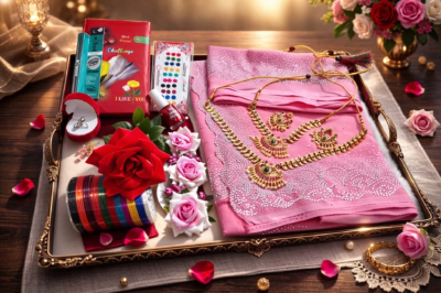 Amader nijesho production e toiri pure jorjet with stone work saree, blouses unstitched  Flower band Tip Double necklace  Ear ring  Churi Dairy Churi Finger ring with box Kajal Price 2250 same days booking  Amader nijesho catalogue so real pic chaoar dorkar nai