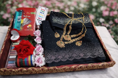 Amader nijesho production e toiri pure jorjet with stone work saree, blouses unstitched  Flower band Tip Double necklace  Ear ring  Churi Dairy Churi Finger ring with box Kajal Price 2250 same days booking  Amader nijesho catalogue so real pic chaoar dorkar nai