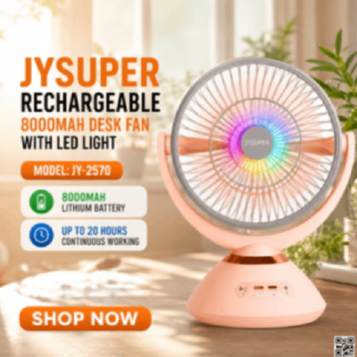 JYSUPER JY-2570 Rechargeable 8000mAh Desk Fan with LED Light, Rechargeable Portable Table Fan