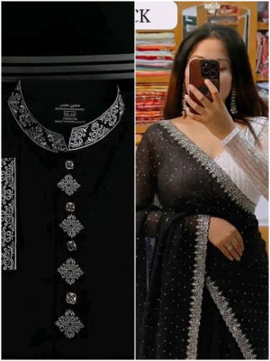 Amader nijesho production e toiri orginal china stige with embroidery work  work panjabi size 40,42,44  Saree pure jorjet with stone work Blouse pure jorjet with stone work price 1750 same days booking