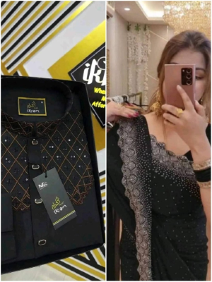 Amader nijesho production e toiri orginal china stige with sequence work panjabi size 40,42,44  Saree pure jorjet with stone work Blouse pure jorjet with stone work price 1950 same days booking