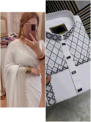 Amader nijesho production e toiri orginal china stige with sequence work panjabi size 40,42,44  Saree pure jorjet with stone work Blouse pure jorjet with stone work price 1950 same days booking