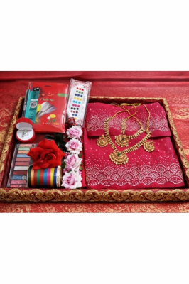 Amader nijesho production e toiri pure jorjet with stone work saree, blouses unstitched  Flower band Tip Double necklace  Ear ring  Churi Dairy Churi Finger ring with box Kajal Price 2250 same days booking  Amader nijesho catalogue so real pic chaoar dorkar nai